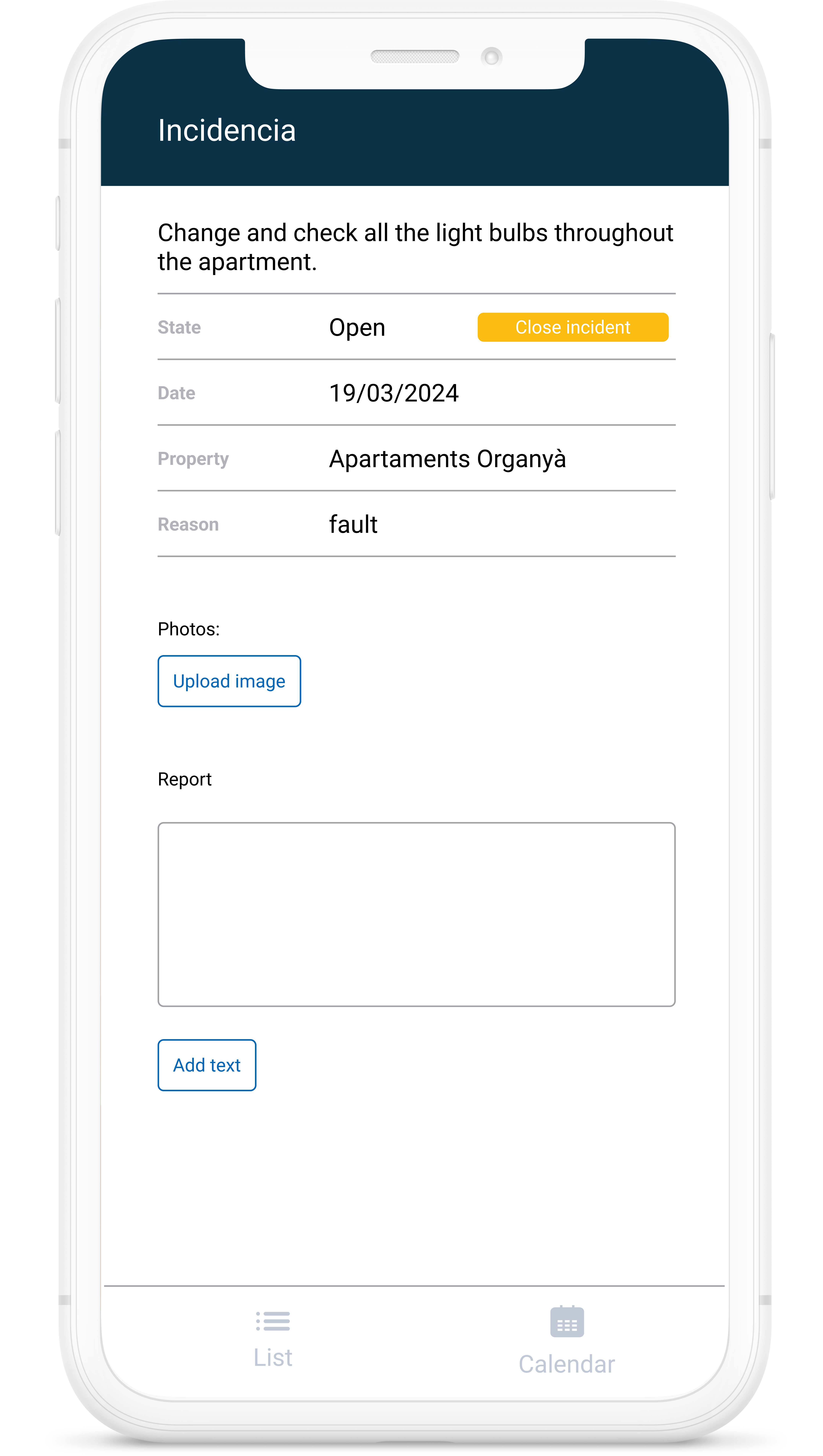 Mobile device where the incident file is displayed, you will be able to see the details of the problem to be solved within the app.
