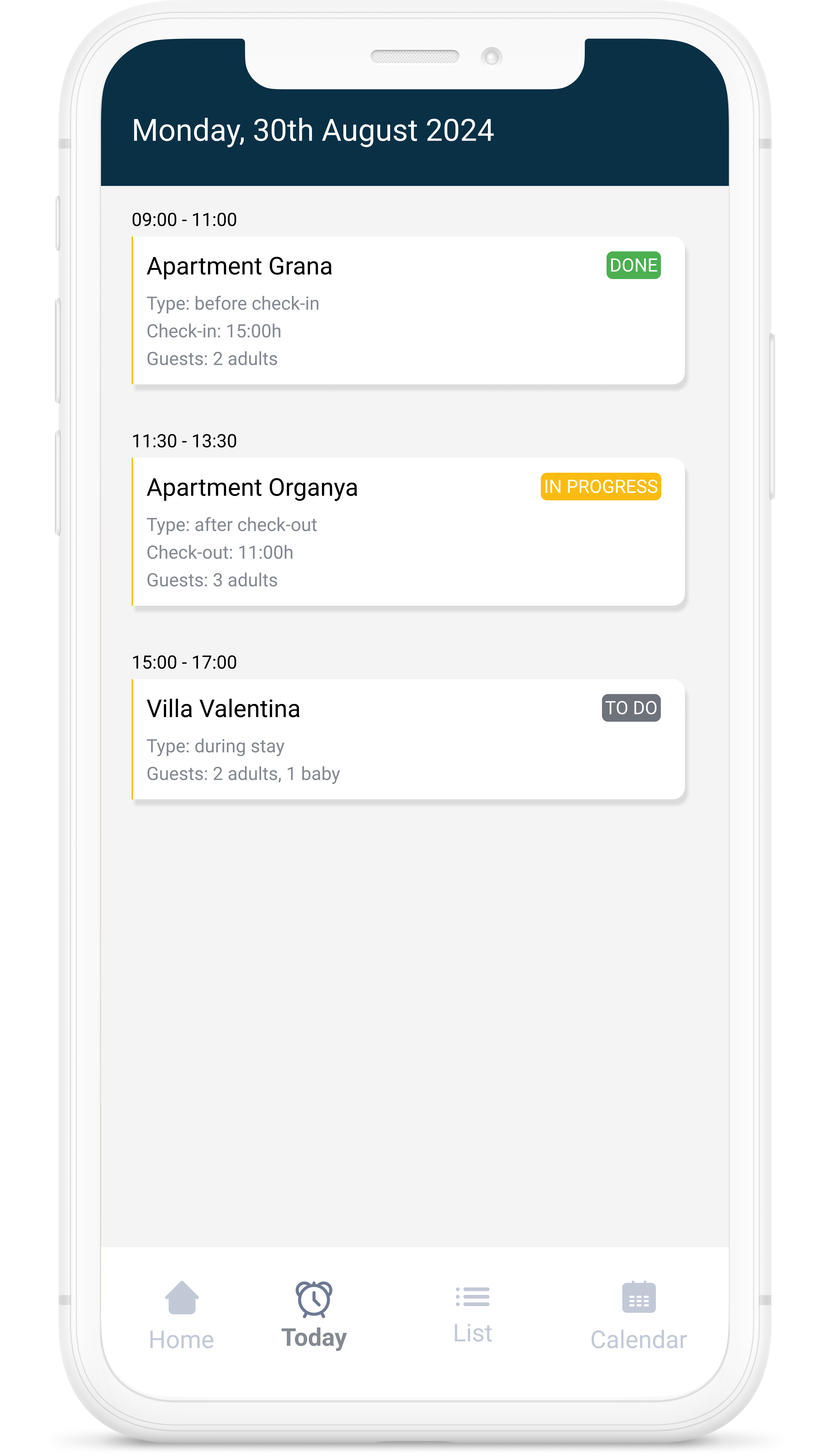 Mobile device showing the weekly plan of all the cleanings assigned in the Icnea app.