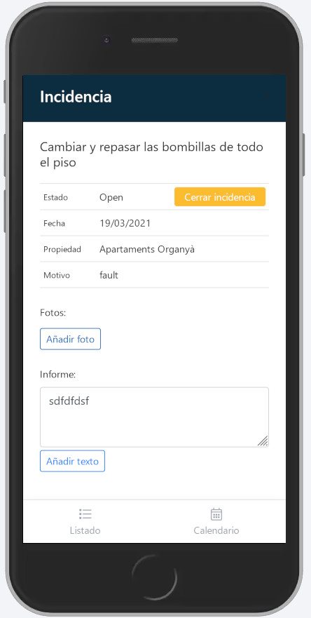 Mobile device where the incident file is displayed, you will be able to see the details of the problem to be solved within the app.