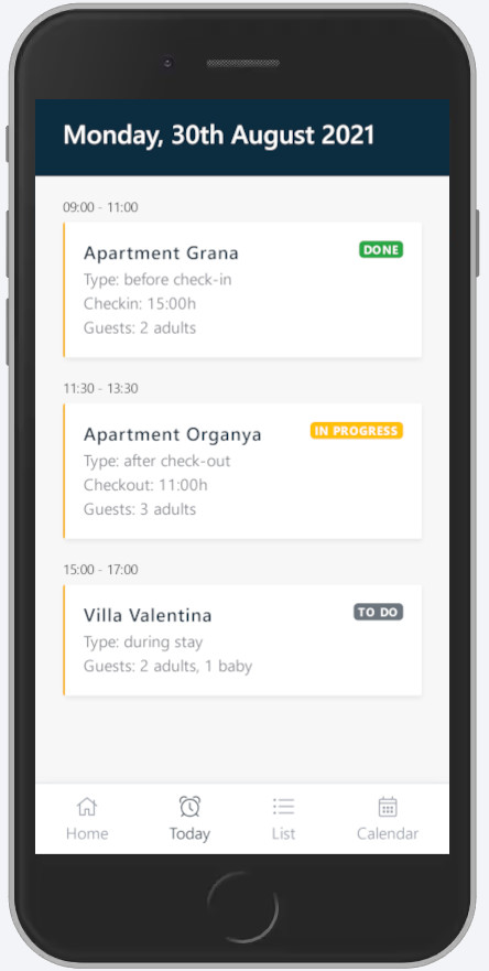 Mobile device showing the weekly plan of all the cleanings assigned in the Icnea app.