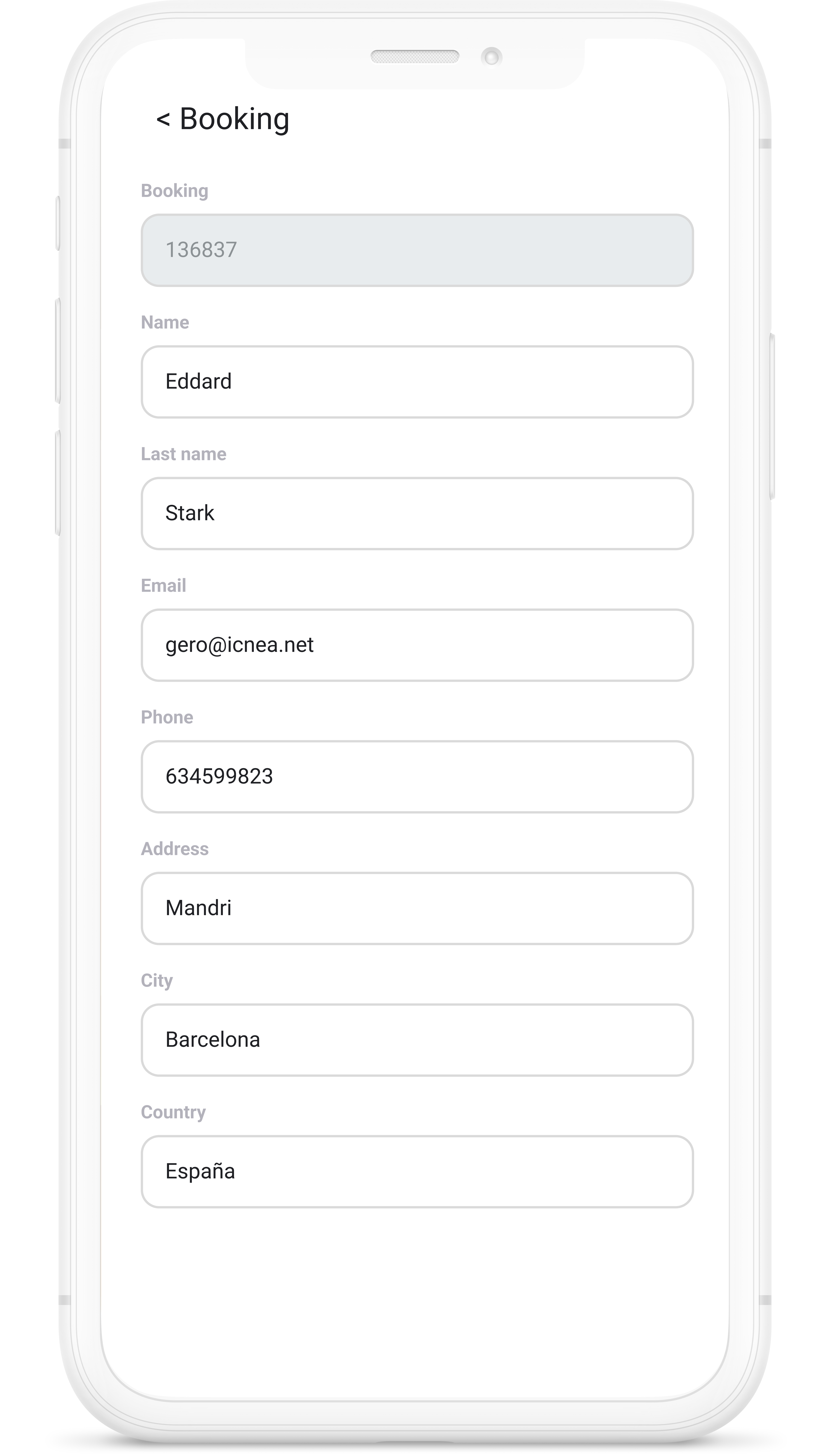 Mobile device displaying booking details on the icnea app