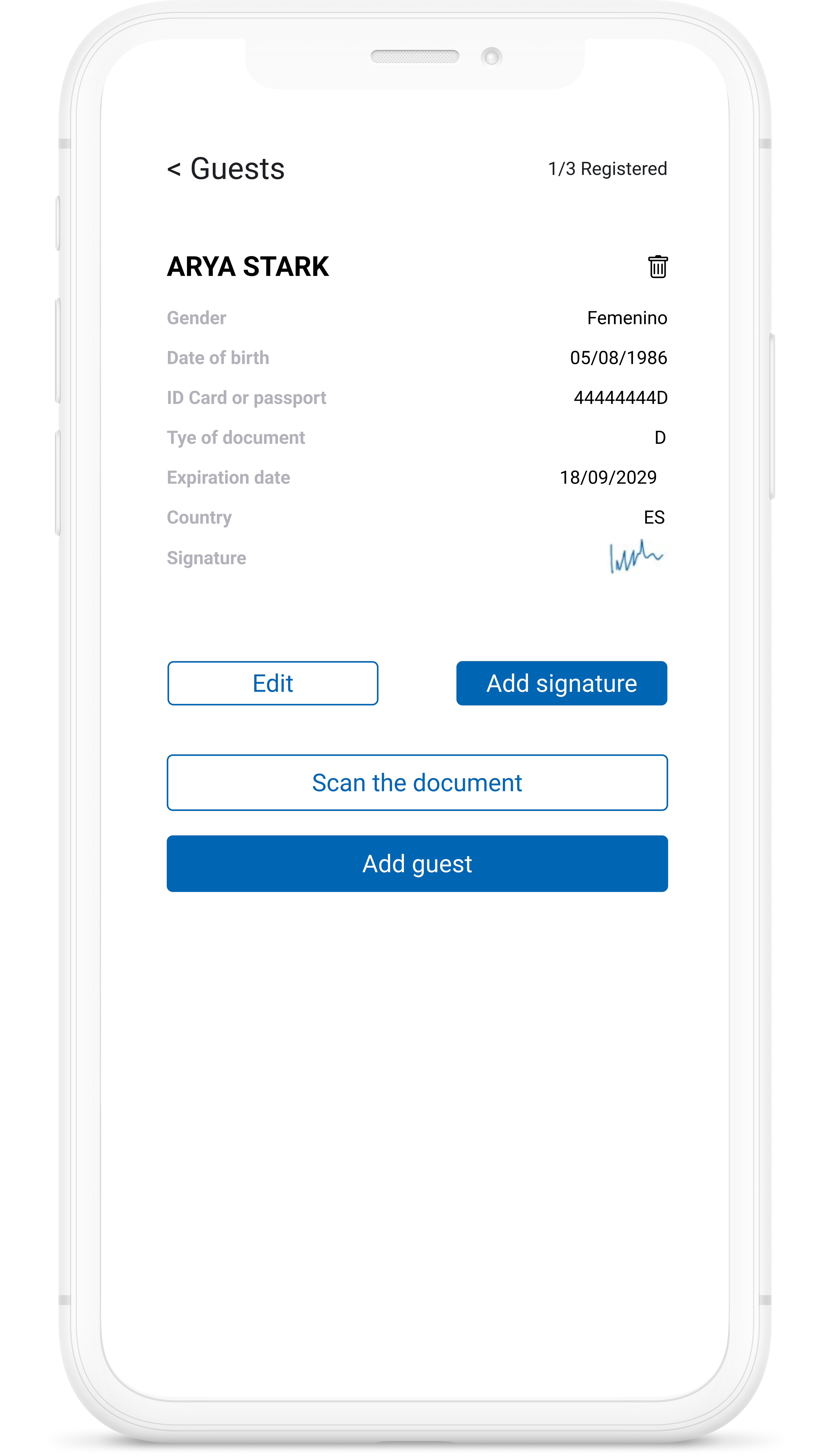 Mobile device displaying guest information